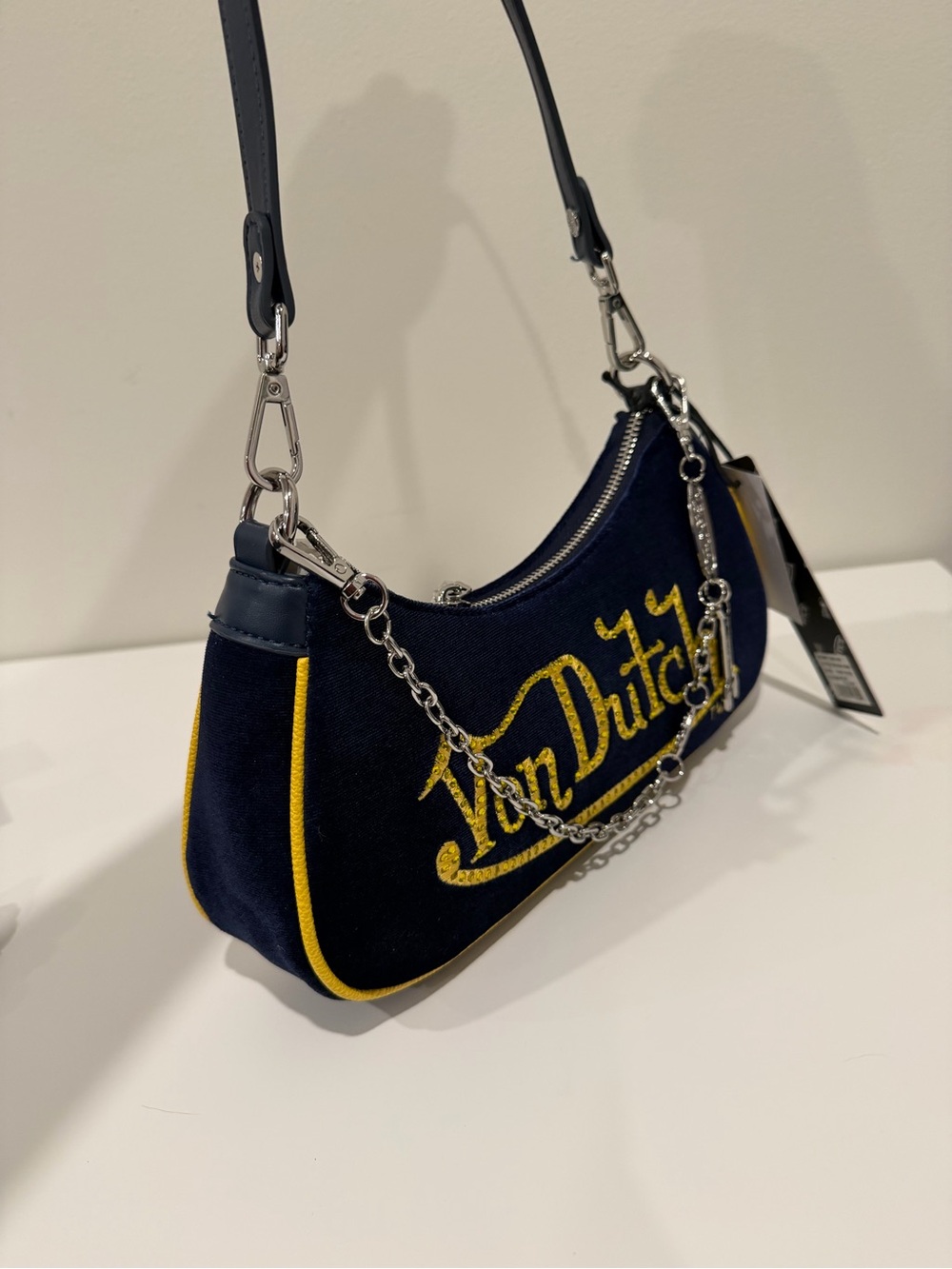 Von Dutch Navy Velvet Shoulder Bag with Yellow Logo - Picture 2 of 3